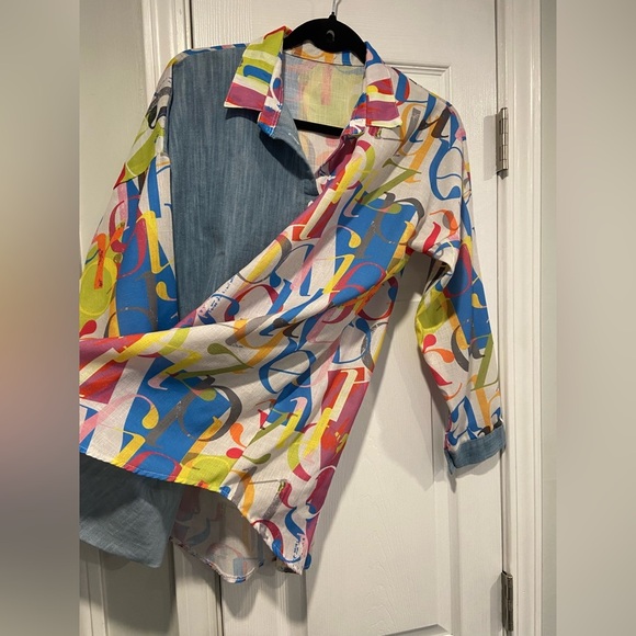 VTG Colorful Alphabet Blue Colorblock Size 2X Button Down Collared Shirt - Picture 6 of 10
